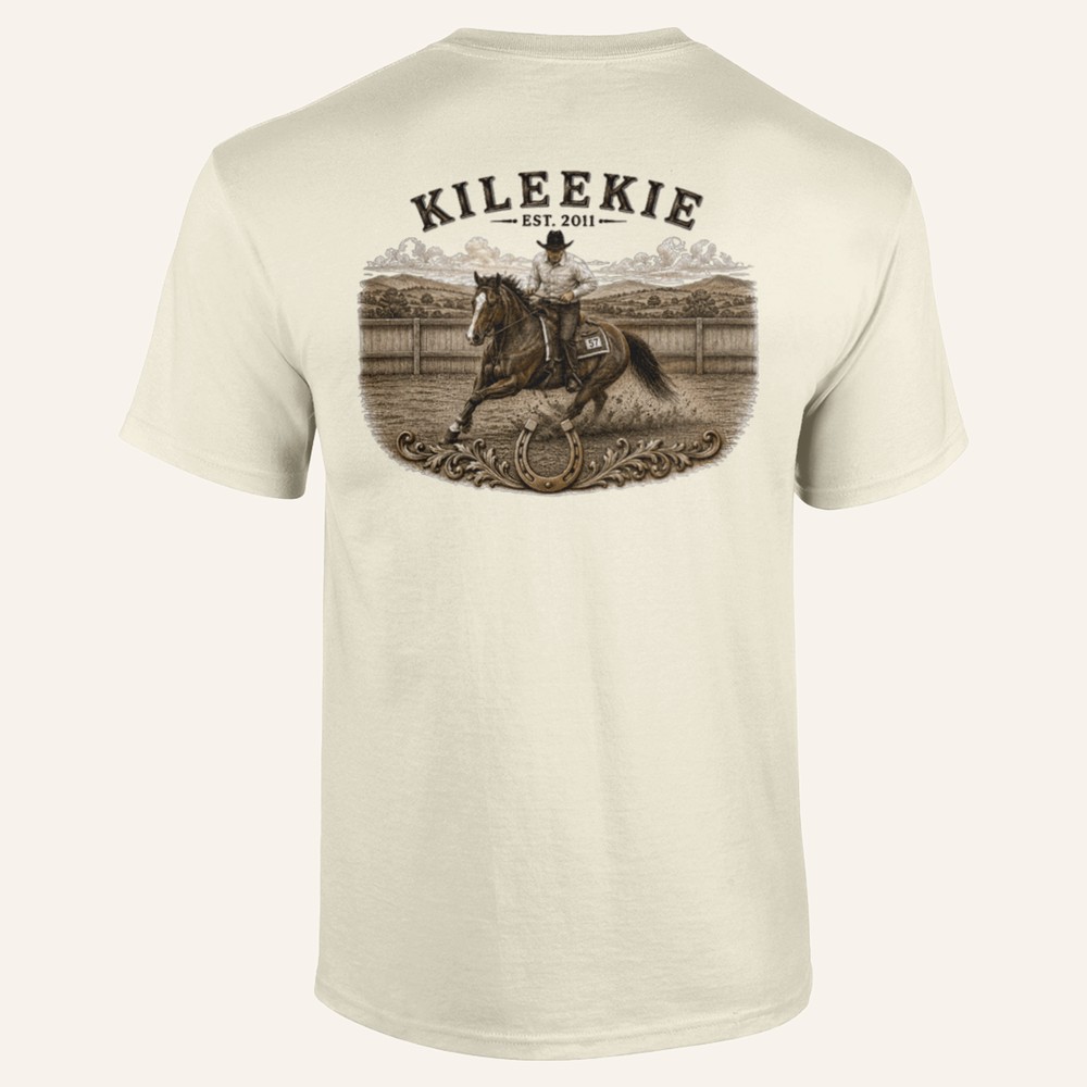 Kileekie Barrel Racer tee, off white, back print