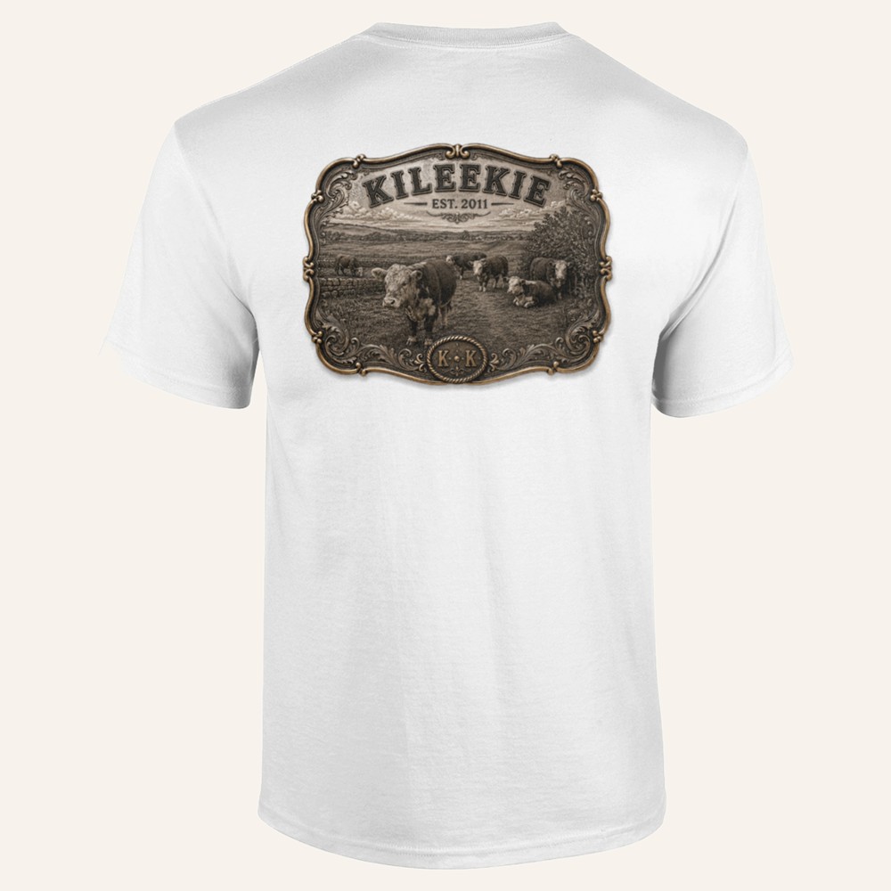 Kileekie Buckle Back tee, white, back print