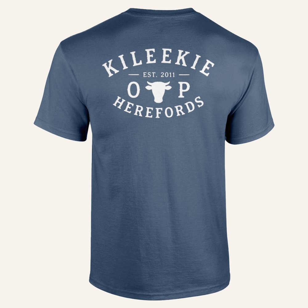 Kileekie Cow Tee, indigo blue, back badge
