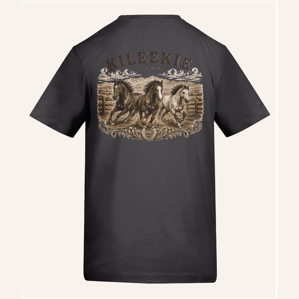 Kileekie Horses Back Print tee, charcoal, back print